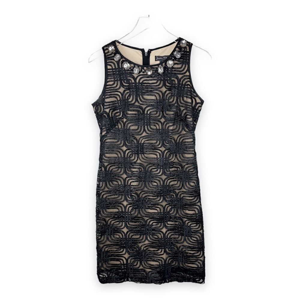 Jessica Howard Black Soutache Lace Sleeveless Cocktail dress w/Gem Neckline Sz 8